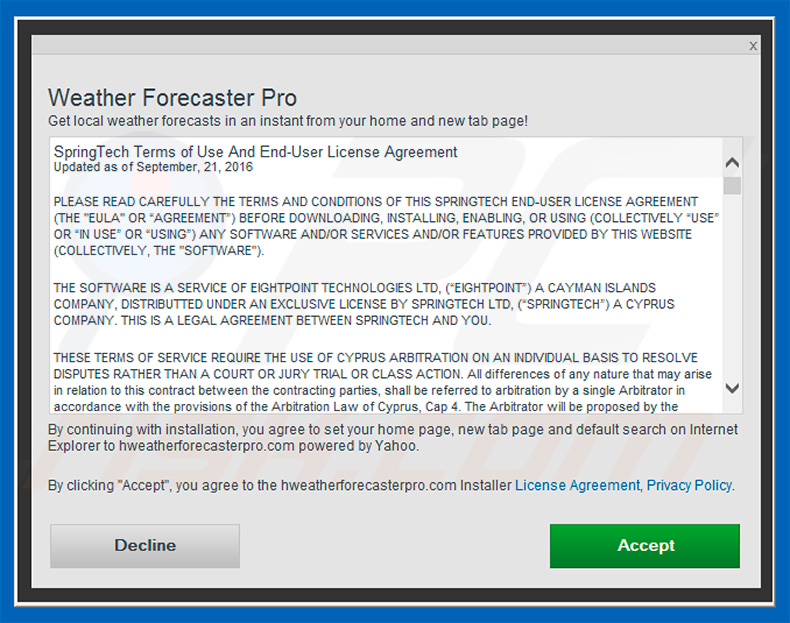 Official Weather Forecaster Pro browser hijacker installation setup