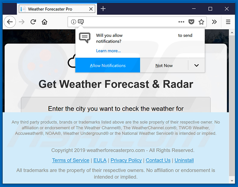 Weather Forecaster Pro browser hijacker website asking to enable browser notifications