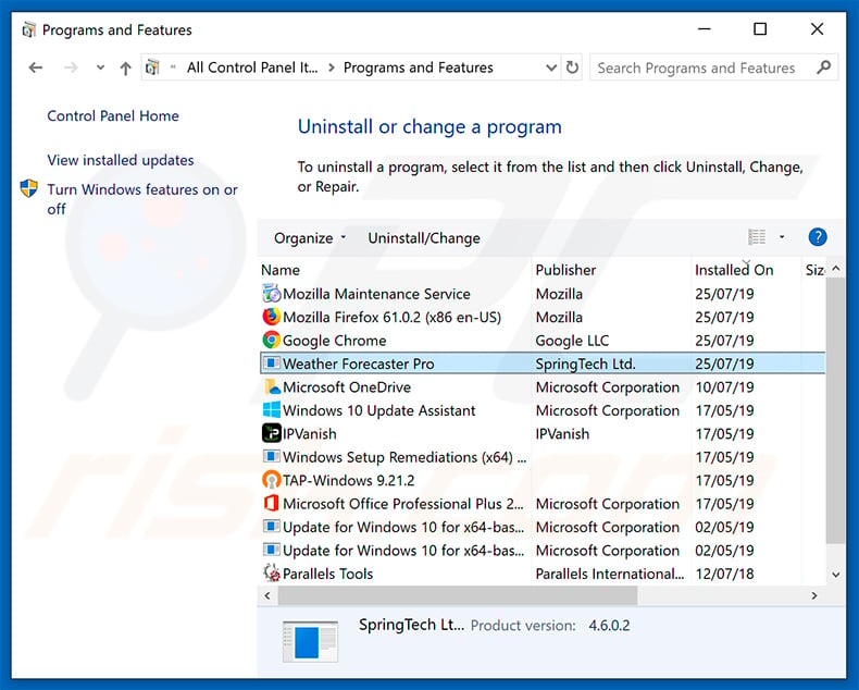search.hweatherforecasterpro.com browser hijacker uninstall via Control Panel
