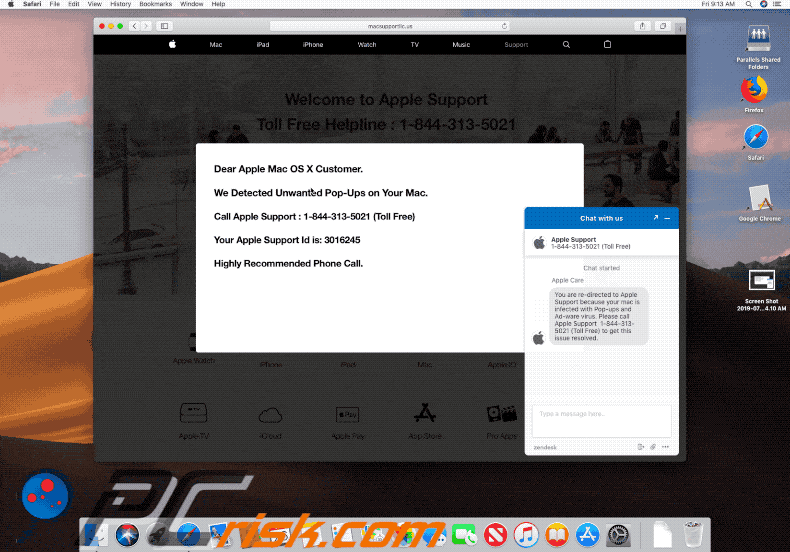 Appearance of We Detected Unwanted Pop-Ups on Your Mac scam (GIF)