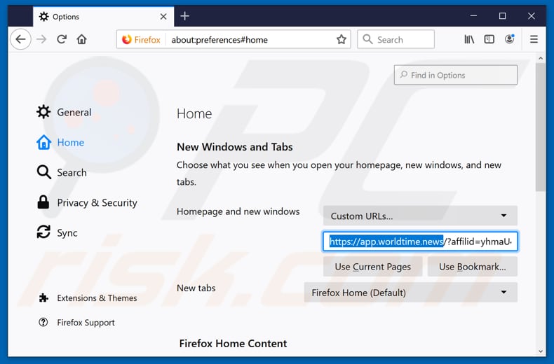 Removing app.worldtime.news from Mozilla Firefox homepage