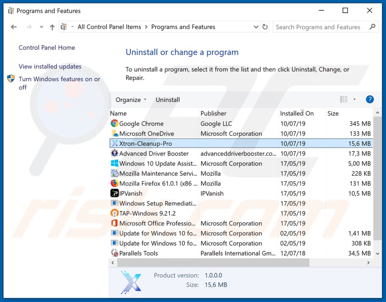 Xtron Cleanup Pro adware uninstall via Control Panel
