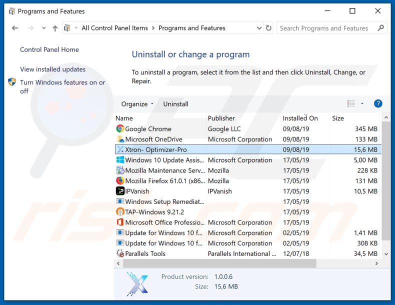 Xtron Optimizer Pro adware uninstall via Control Panel