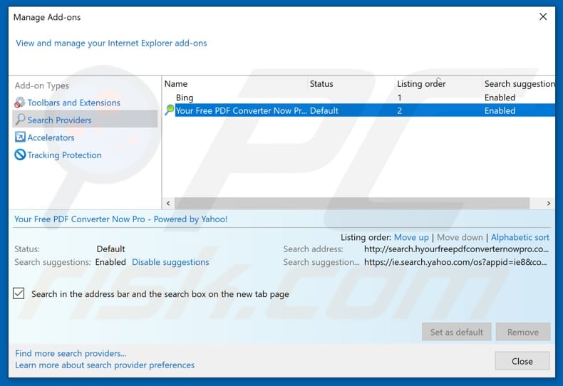 Removing search.hyourfreepdfconverternowpro.com from Internet Explorer default search engine