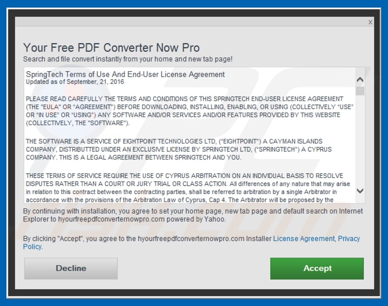 Official Your Free PDF Converter Now Pro browser hijacker installation setup