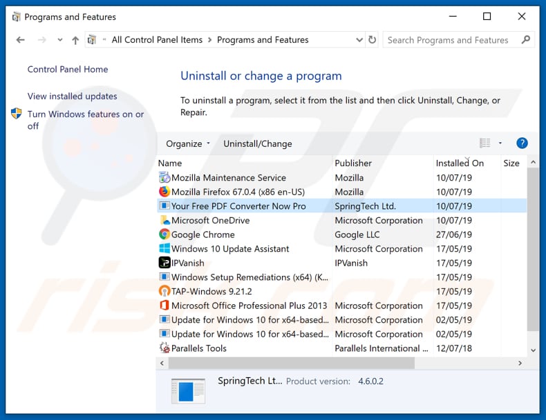 search.hyourfreepdfconverternowpro.com browser hijacker uninstall via Control Panel
