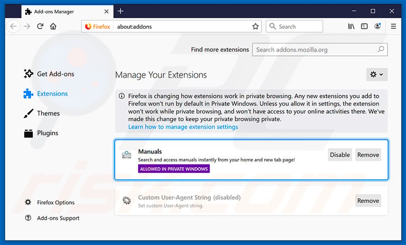Removing search.hyourfreeonlinemanuals.com related Mozilla Firefox extensions