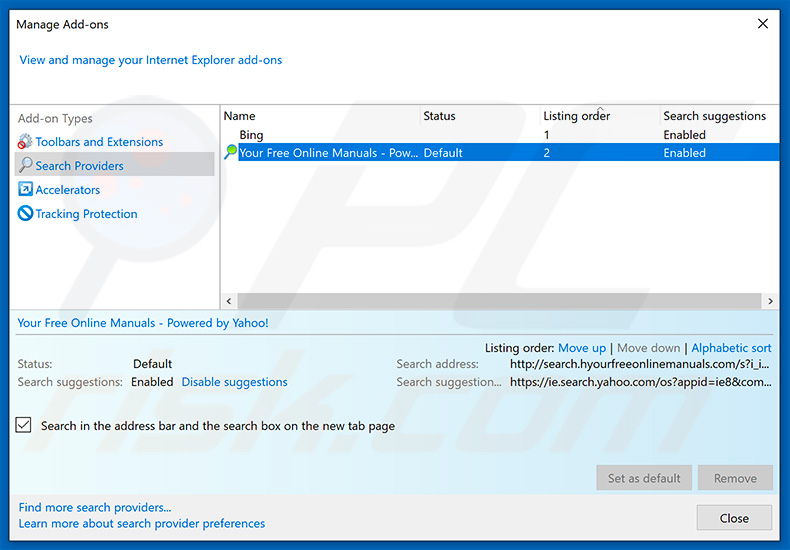 Removing search.hyourfreeonlinemanuals.com from Internet Explorer default search engine