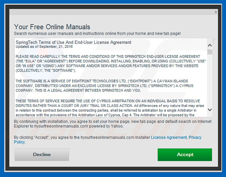 Official Your Free Online Manuals browser hijacker installation setup