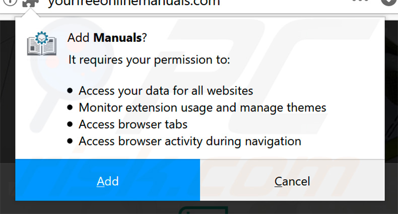Your Free Online Manuals browser hijacker asking for permissions