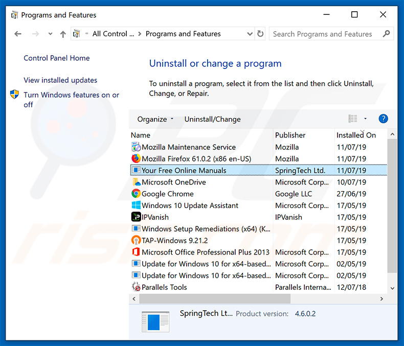 search.hyourfreeonlinemanuals.com browser hijacker uninstall via Control Panel