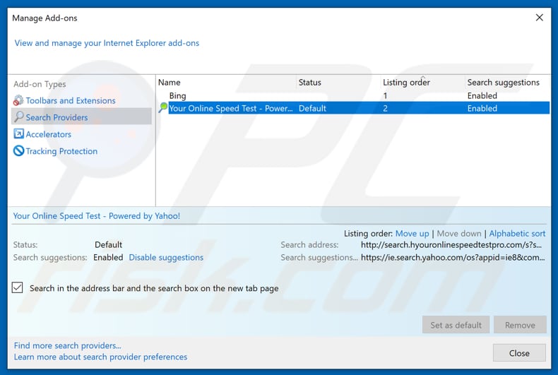 Removing search.hyouronlinespeedtestpro.com from Internet Explorer default search engine