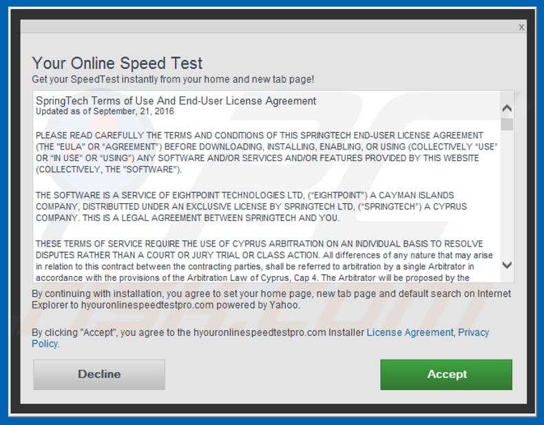 Official Your Online Speed Test browser hijacker installation setup