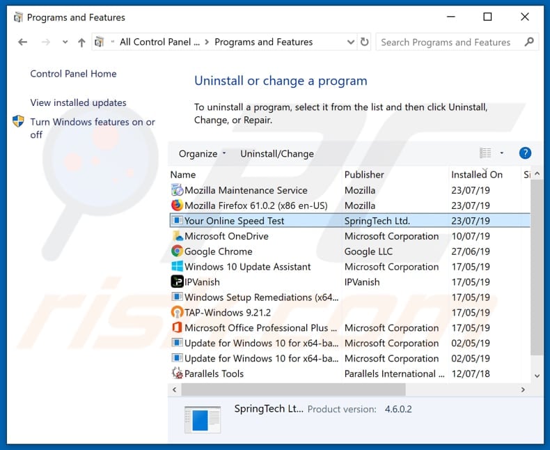 search.hyouronlinespeedtestpro.com browser hijacker uninstall via Control Panel