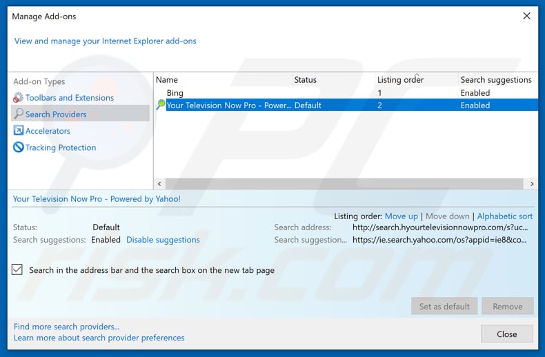 Removing search.hyourtelevisionnowpro.com from Internet Explorer default search engine