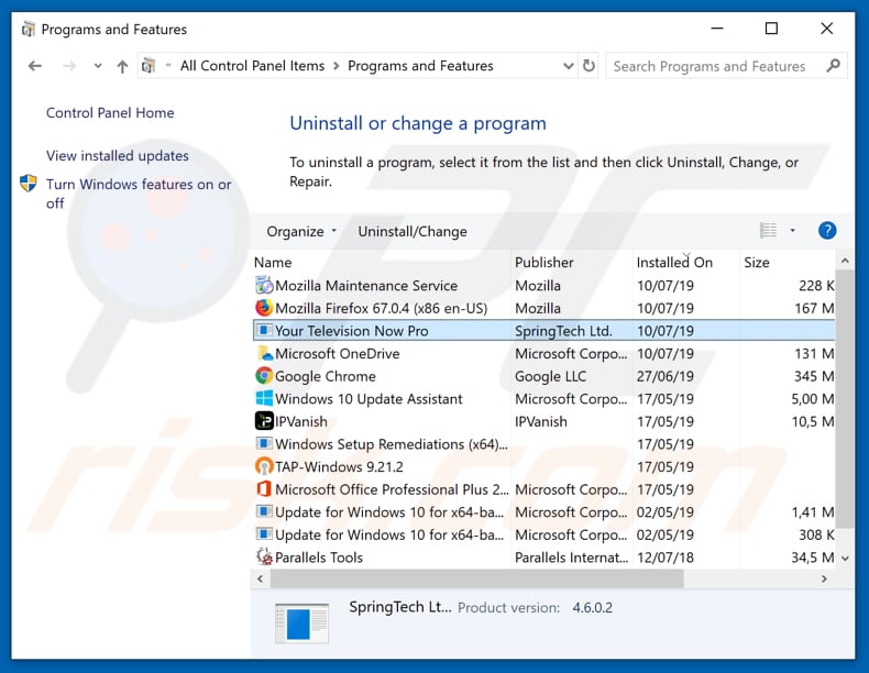search.hyourtelevisionnowpro.com browser hijacker uninstall via Control Panel