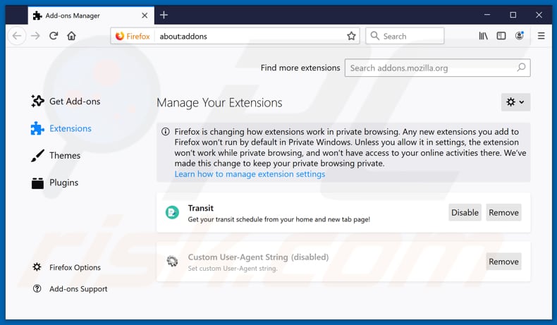 Removing search.hyourtransitinfonowpro.com related Mozilla Firefox extensions