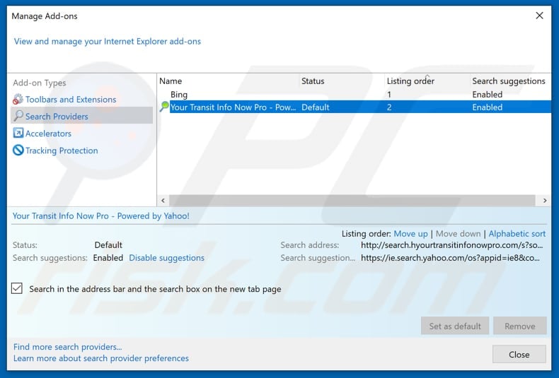 Removing search.hyourtransitinfonowpro.com from Internet Explorer default search engine