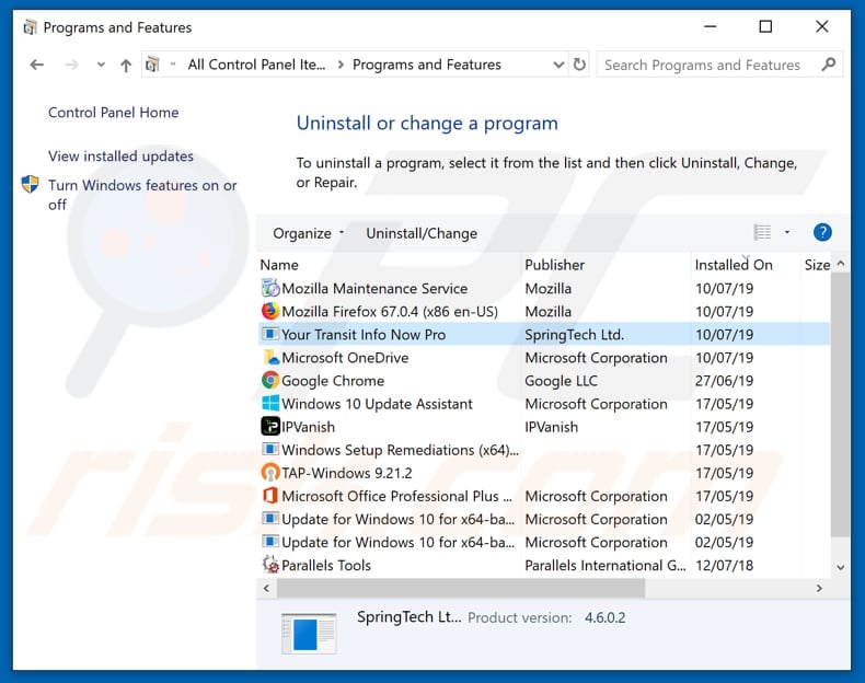search.hyourtransitinfonowpro.com browser hijacker uninstall via Control Panel