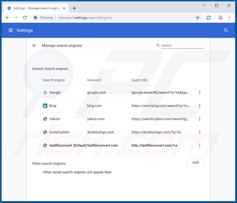 Removing fastfileconvert.com from Google Chrome default search engine