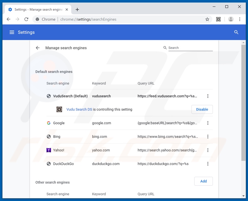 Removing feed.vudusearch.com from Google Chrome default search engine