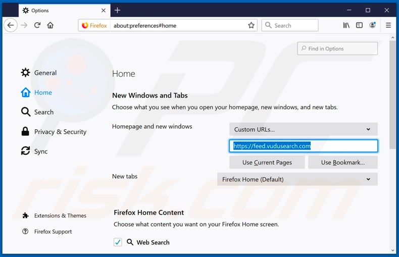 Removing feed.vudusearch.com from Mozilla Firefox homepage