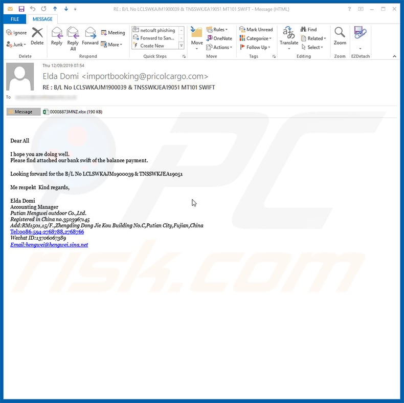 Pricol company email spam campaign spreading Agent Tesla RAT
