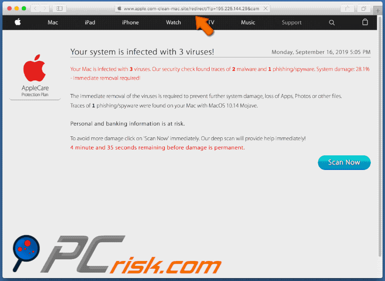 Appearance of apple.com-clean-mac[.]site scam (GIF)
