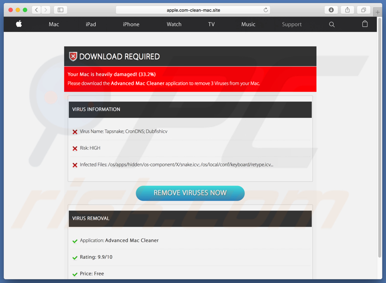 apple.com-clean-mac.site detects fake viruses