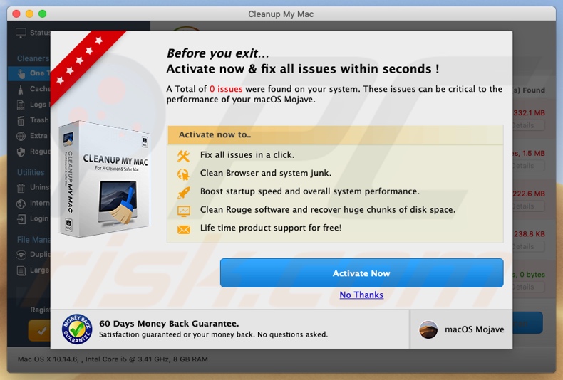 Screenshot of Cleanup My Mac PUA requesting to be activated