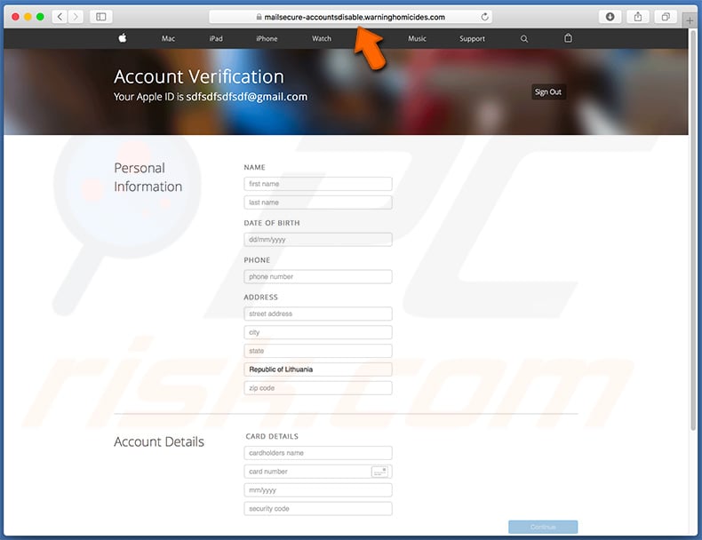 fake Apple ID page asks for personal information
