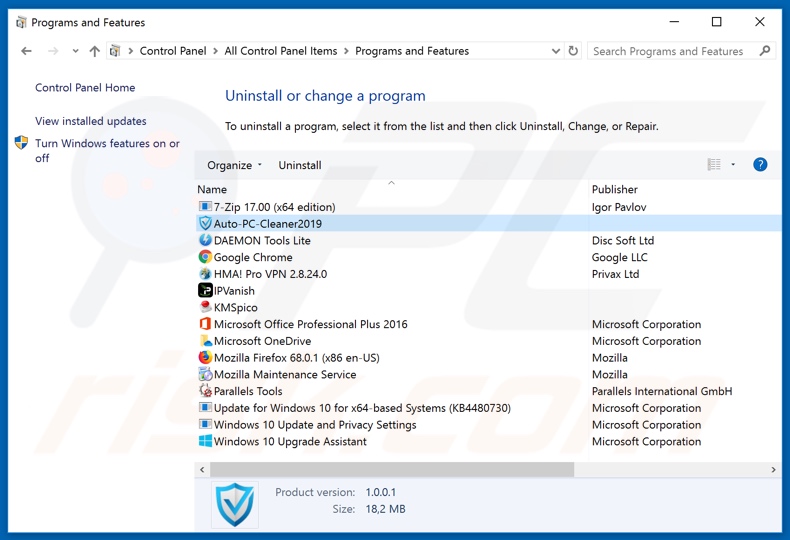 Auto PC Cleaner 2019 adware uninstall via Control Panel