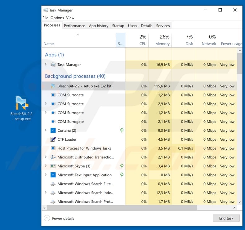 BleachBit-2.2 - setup.exe malicious BleachBit process in Task Manager