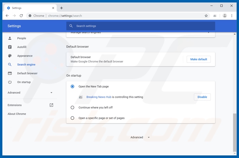Removing search.breakingnewshubtab.com from Google Chrome homepage