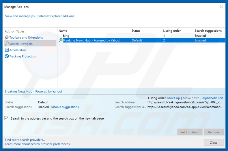 Removing search.breakingnewshubtab.com from Internet Explorer default search engine