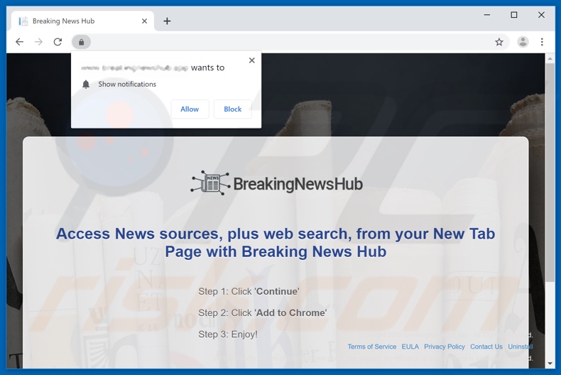 Breaking News Hub promoting website asks to enable browser notifications