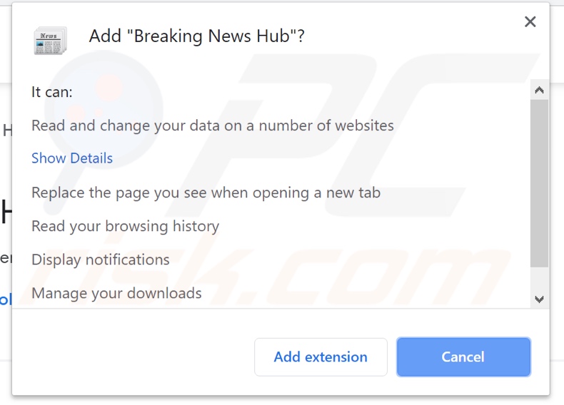 Breaking News Hub asking for browser notifications