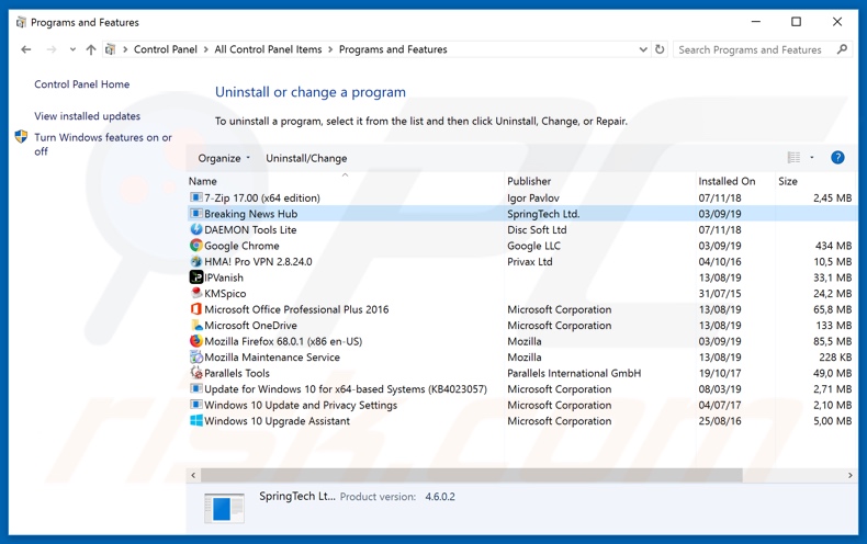 search.breakingnewshubtab.com browser hijacker uninstall via Control Panel
