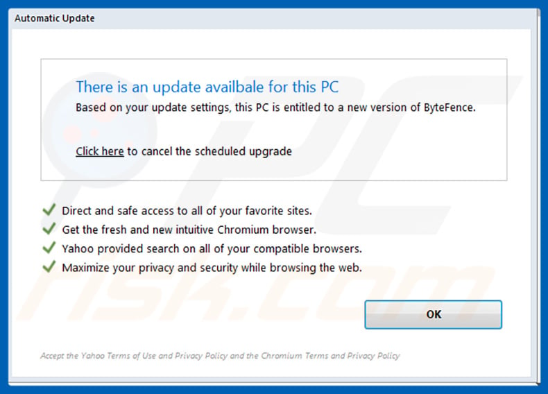 Fake system updater promoting ByteFence browser hijacker