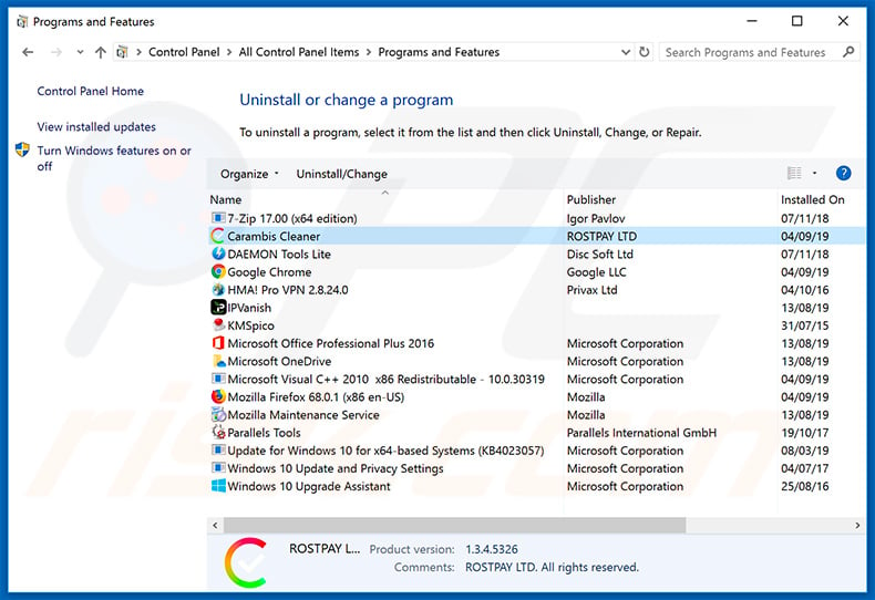 Carambis Cleaner adware uninstall via Control Panel
