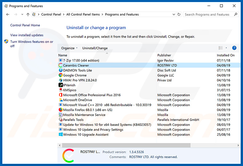 Carambis Cleaner adware uninstall via Control Panel