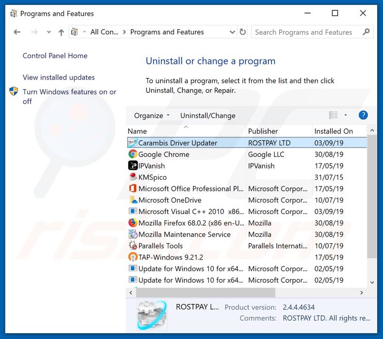 Carambis Driver Updater adware uninstall via Control Panel