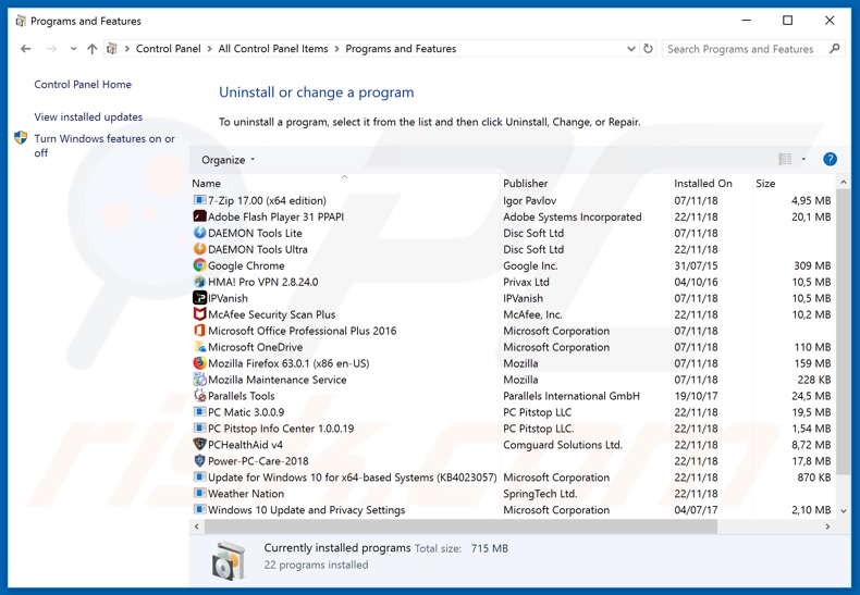 Chistilka adware uninstall via Control Panel