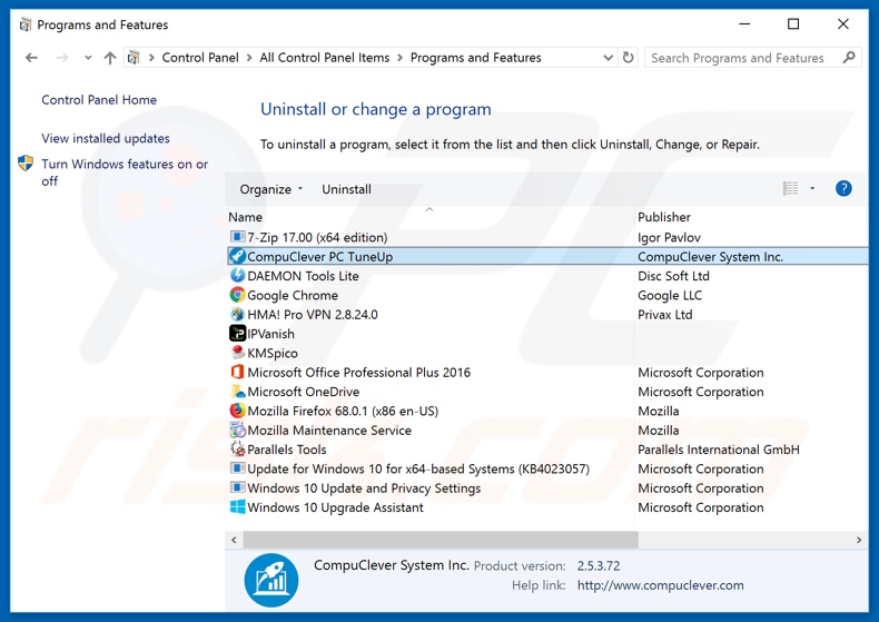 CompuClever PC TuneUp adware uninstall via Control Panel