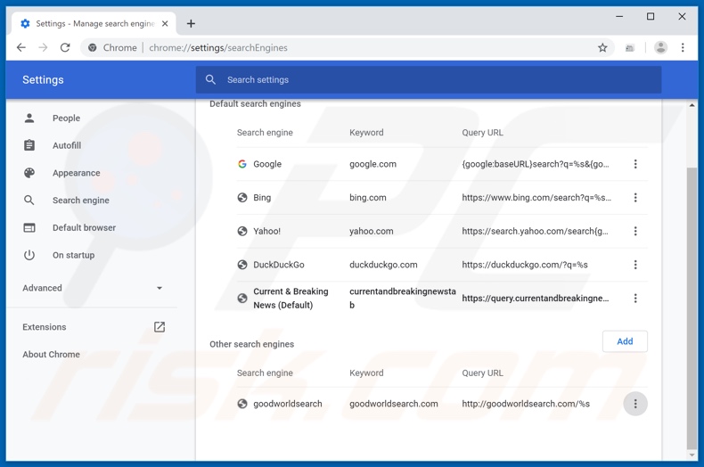 Removing search.currentandbreakingnewstab.com from Google Chrome default search engine