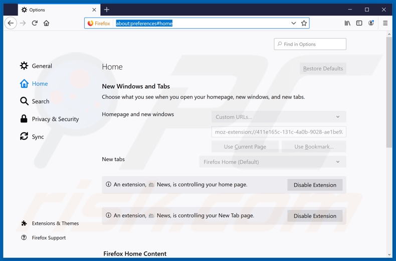 Removing search.currentandbreakingnewstab.com from Mozilla Firefox homepage