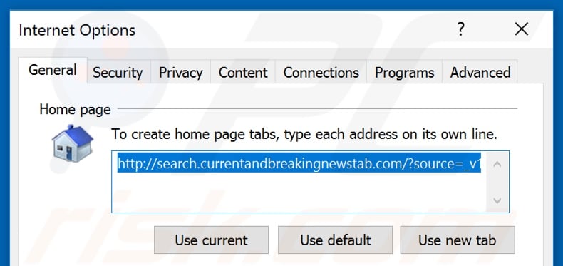 Removing search.currentandbreakingnewstab.com from Internet Explorer homepage