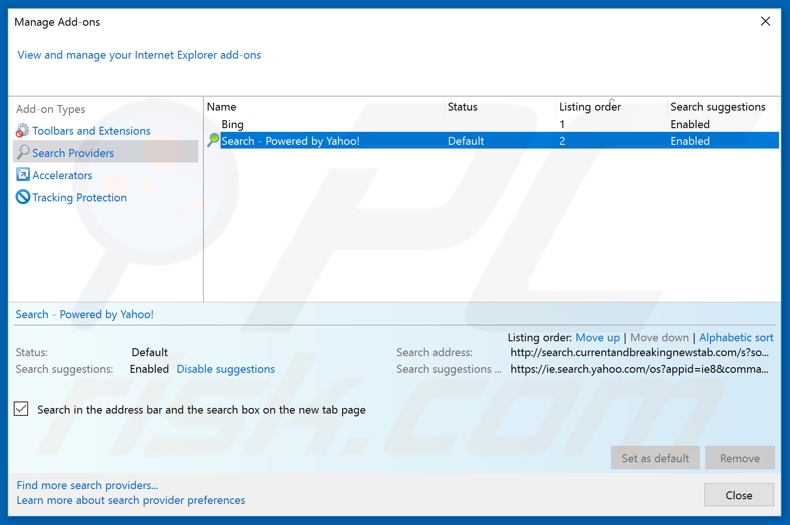 Removing search.currentandbreakingnewstab.com from Internet Explorer default search engine