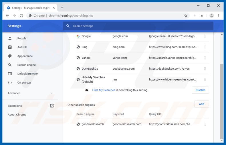 Removing search.currentweathertab.com from Google Chrome default search engine