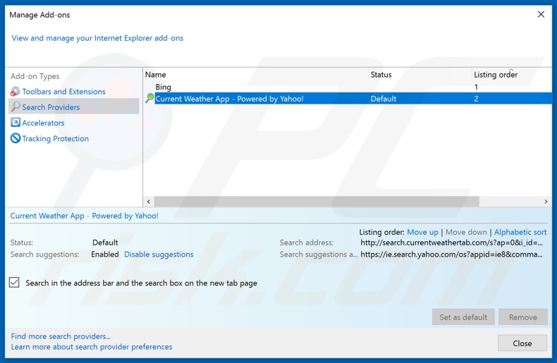 Removing search.currentweathertab.com from Internet Explorer default search engine
